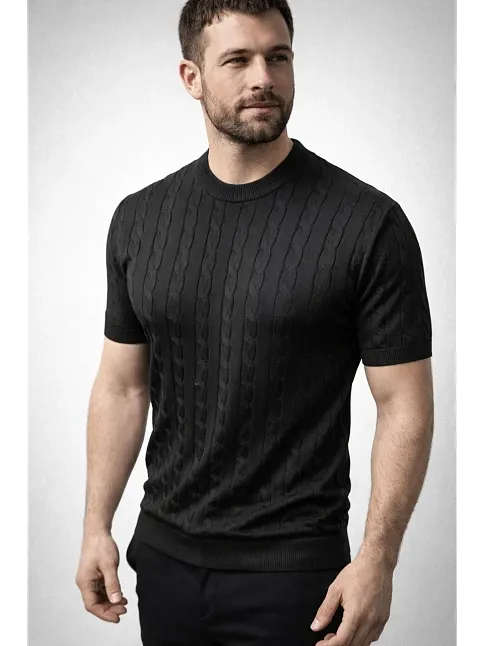 Erkek Yazlık Triko Dokuma Tişört Kısa Kol Bisiklet Yaka Örgü Desenli T-shirt - Siyah