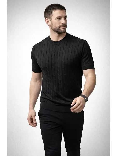 Erkek Yazlık Triko Dokuma Tişört Kısa Kol Bisiklet Yaka Örgü Desenli T-shirt - Siyah