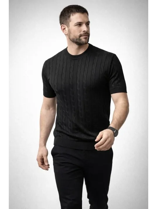 Erkek Yazlık Triko Dokuma Tişört Kısa Kol Bisiklet Yaka Örgü Desenli T-shirt - Siyah