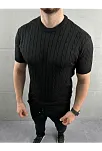 Erkek Yazlık Triko Dokuma Tişört Kısa Kol Bisiklet Yaka Örgü Desenli T-shirt - Siyah