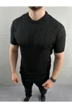 Erkek Yazlık Triko Dokuma Tişört Kısa Kol Bisiklet Yaka Örgü Desenli T-shirt - Siyah