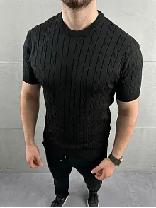 Erkek Yazlık Triko Dokuma Tişört Kısa Kol Bisiklet Yaka Örgü Desenli T-shirt - Siyah