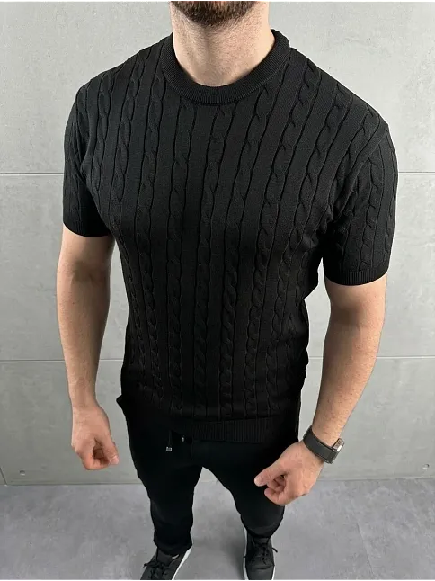 Erkek Yazlık Triko Dokuma Tişört Kısa Kol Bisiklet Yaka Örgü Desenli T-shirt - Siyah