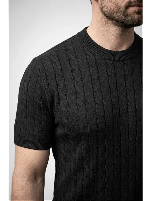 Erkek Yazlık Triko Dokuma Tişört Kısa Kol Bisiklet Yaka Örgü Desenli T-shirt - Siyah