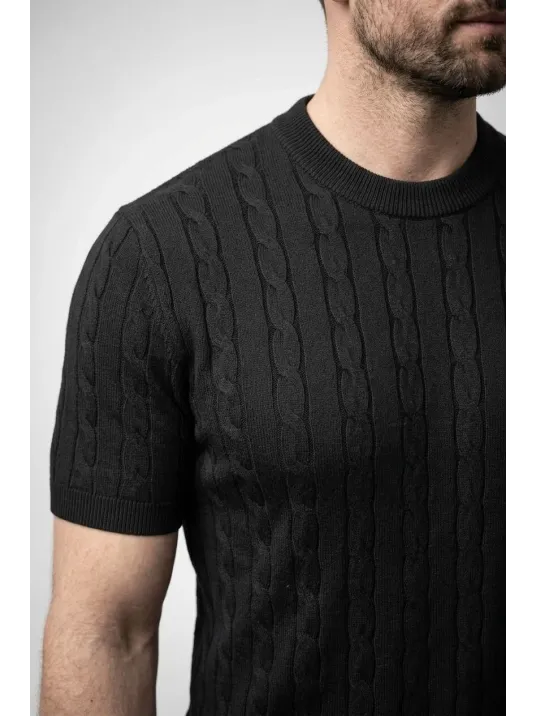 Erkek Yazlık Triko Dokuma Tişört Kısa Kol Bisiklet Yaka Örgü Desenli T-shirt - Siyah
