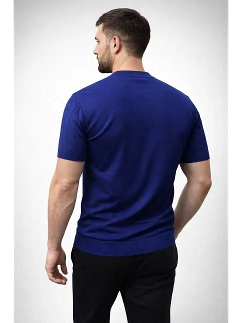 Erkek Yazlık Triko Dokuma Tişört Kısa Kol Bisiklet Yaka Örgü Desenli T-shirt - Lacivert