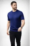 Erkek Yazlık Triko Dokuma Tişört Kısa Kol Bisiklet Yaka Örgü Desenli T-shirt - Lacivert