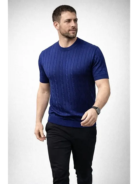 Erkek Yazlık Triko Dokuma Tişört Kısa Kol Bisiklet Yaka Örgü Desenli T-shirt - Lacivert