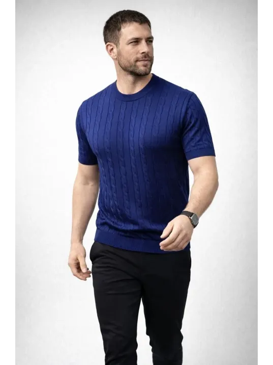 Erkek Yazlık Triko Dokuma Tişört Kısa Kol Bisiklet Yaka Örgü Desenli T-shirt - Lacivert