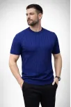 Erkek Yazlık Triko Dokuma Tişört Kısa Kol Bisiklet Yaka Örgü Desenli T-shirt - Lacivert