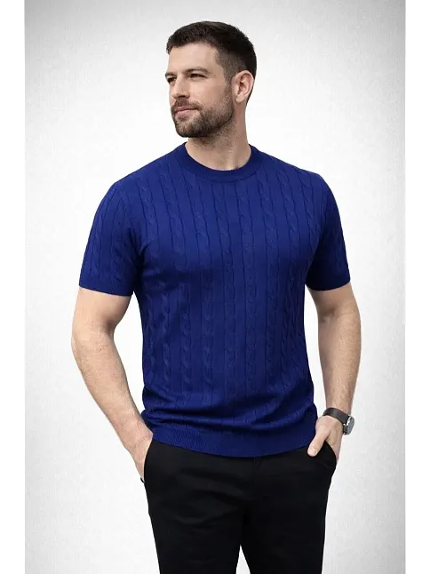 Erkek Yazlık Triko Dokuma Tişört Kısa Kol Bisiklet Yaka Örgü Desenli T-shirt - Lacivert