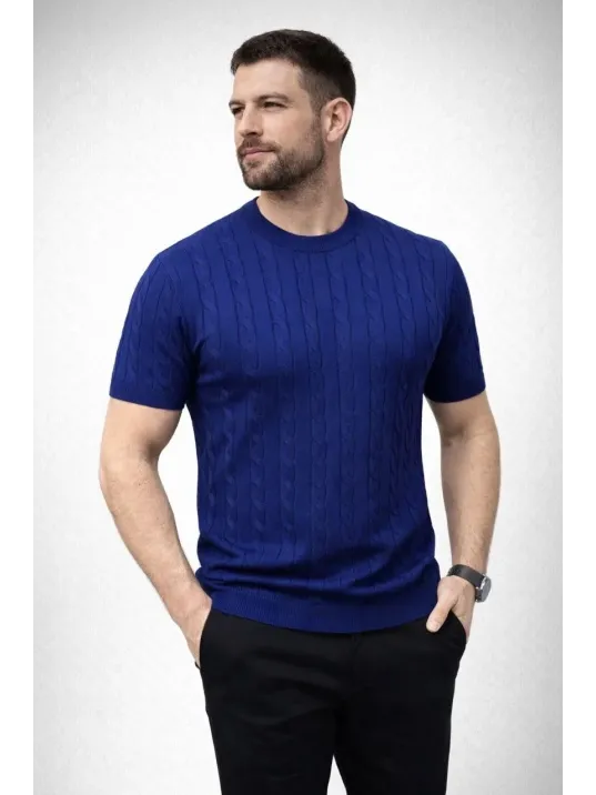 Erkek Yazlık Triko Dokuma Tişört Kısa Kol Bisiklet Yaka Örgü Desenli T-shirt - Lacivert