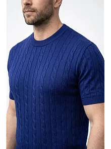 Erkek Yazlık Triko Dokuma Tişört Kısa Kol Bisiklet Yaka Örgü Desenli T-shirt - Lacivert