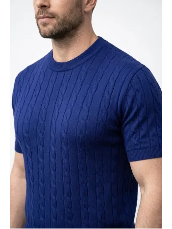 Erkek Yazlık Triko Dokuma Tişört Kısa Kol Bisiklet Yaka Örgü Desenli T-shirt - Lacivert