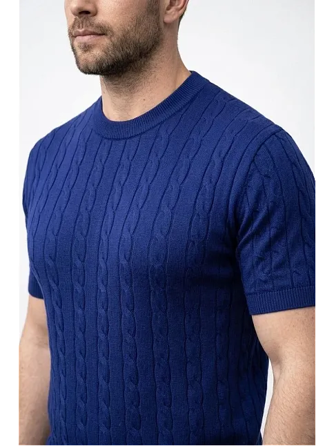 Erkek Yazlık Triko Dokuma Tişört Kısa Kol Bisiklet Yaka Örgü Desenli T-shirt - Lacivert