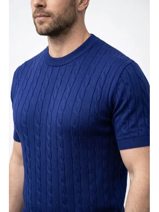 Erkek Yazlık Triko Dokuma Tişört Kısa Kol Bisiklet Yaka Örgü Desenli T-shirt - Lacivert