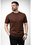 Erkek Yazlık Triko Dokuma Tişört Kısa Kol Bisiklet Yaka Örgü Desenli T-shirt - Kahverengi