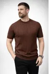 Erkek Yazlık Triko Dokuma Tişört Kısa Kol Bisiklet Yaka Örgü Desenli T-shirt - Kahverengi
