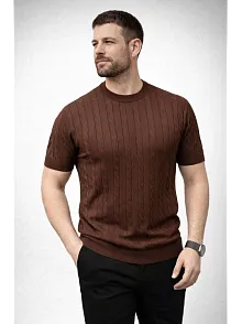 Erkek Yazlık Triko Dokuma Tişört Kısa Kol Bisiklet Yaka Örgü Desenli T-shirt - Kahverengi