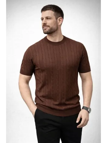 Erkek Yazlık Triko Dokuma Tişört Kısa Kol Bisiklet Yaka Örgü Desenli T-shirt - Kahverengi Erkek Yazlık Triko Dokuma Tişört Kısa Kol Bisiklet Yaka Örgü Desenli T-shirt - Kahverengi