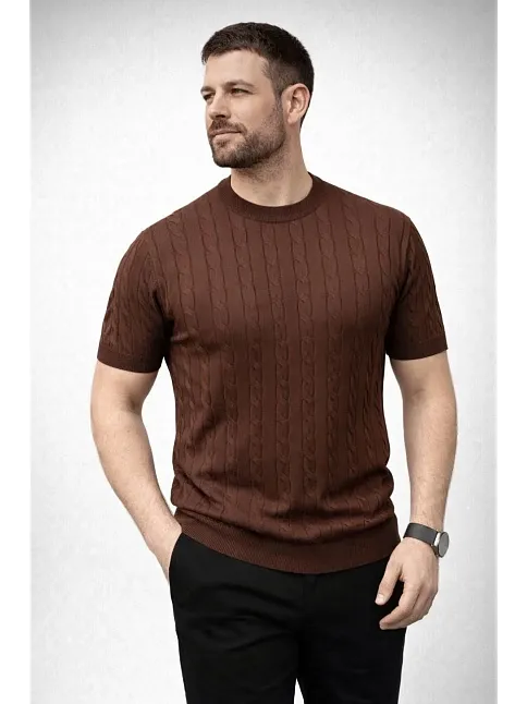Erkek Yazlık Triko Dokuma Tişört Kısa Kol Bisiklet Yaka Örgü Desenli T-shirt - Kahverengi