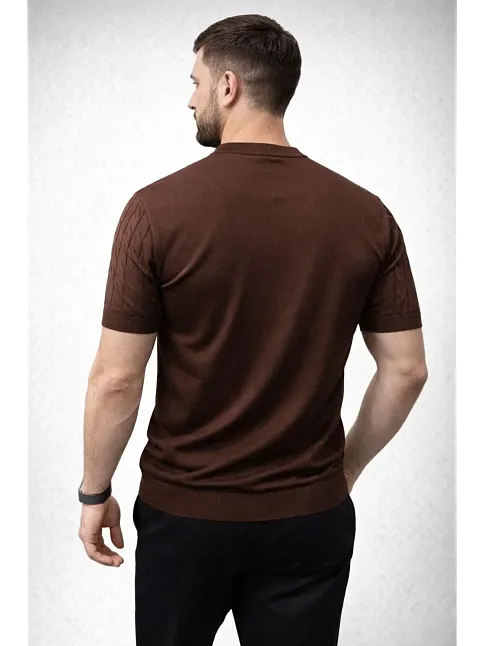 Erkek Yazlık Triko Dokuma Tişört Kısa Kol Bisiklet Yaka Örgü Desenli T-shirt - Kahverengi