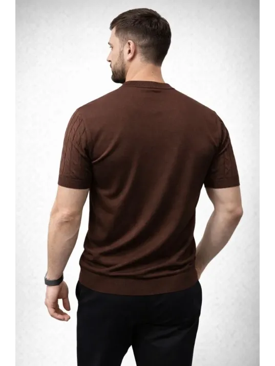 Erkek Yazlık Triko Dokuma Tişört Kısa Kol Bisiklet Yaka Örgü Desenli T-shirt - Kahverengi