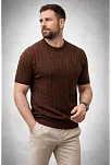 Erkek Yazlık Triko Dokuma Tişört Kısa Kol Bisiklet Yaka Örgü Desenli T-shirt - Kahverengi