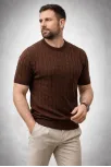 Erkek Yazlık Triko Dokuma Tişört Kısa Kol Bisiklet Yaka Örgü Desenli T-shirt - Kahverengi