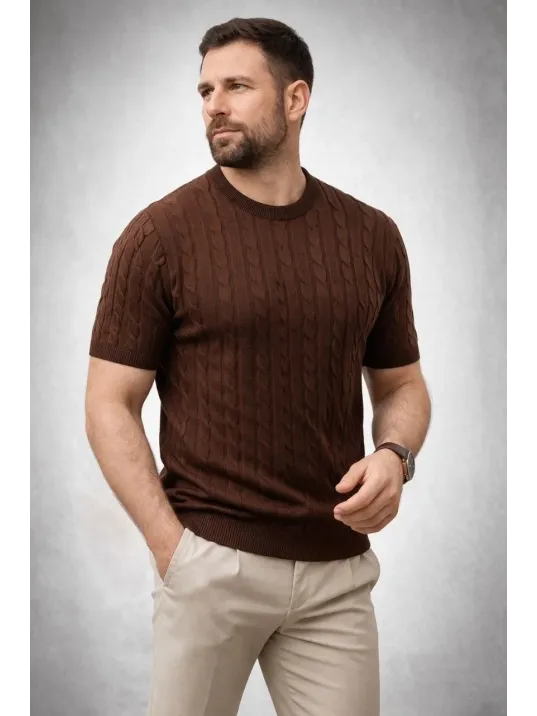 Erkek Yazlık Triko Dokuma Tişört Kısa Kol Bisiklet Yaka Örgü Desenli T-shirt - Kahverengi