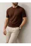 Erkek Yazlık Triko Dokuma Tişört Kısa Kol Bisiklet Yaka Örgü Desenli T-shirt - Kahverengi