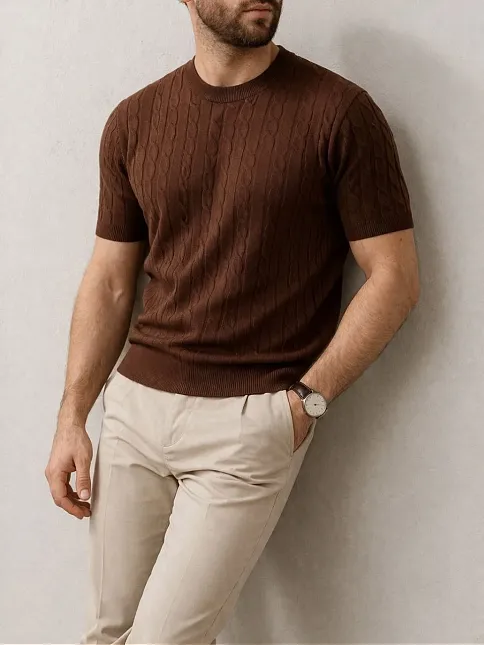 Erkek Yazlık Triko Dokuma Tişört Kısa Kol Bisiklet Yaka Örgü Desenli T-shirt - Kahverengi