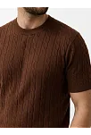 Erkek Yazlık Triko Dokuma Tişört Kısa Kol Bisiklet Yaka Örgü Desenli T-shirt - Kahverengi