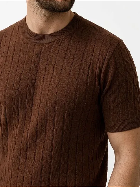 Erkek Yazlık Triko Dokuma Tişört Kısa Kol Bisiklet Yaka Örgü Desenli T-shirt - Kahverengi