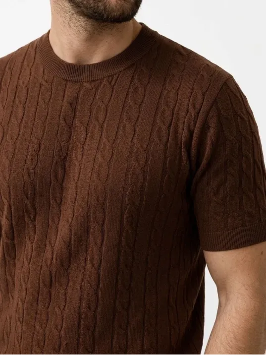 Erkek Yazlık Triko Dokuma Tişört Kısa Kol Bisiklet Yaka Örgü Desenli T-shirt - Kahverengi