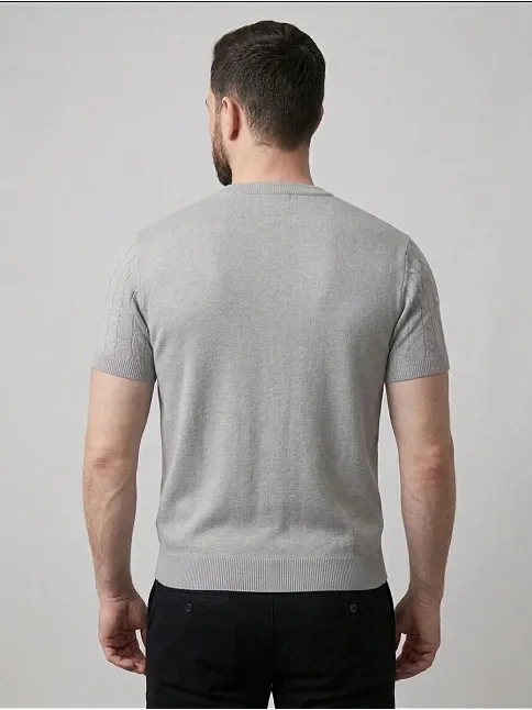 Erkek Yazlık Triko Dokuma Tişört Kısa Kol Bisiklet Yaka Örgü Desenli T-shirt - Gri