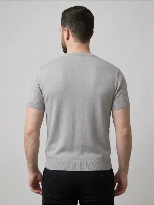 Erkek Yazlık Triko Dokuma Tişört Kısa Kol Bisiklet Yaka Örgü Desenli T-shirt - Gri