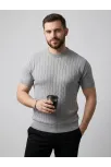 Erkek Yazlık Triko Dokuma Tişört Kısa Kol Bisiklet Yaka Örgü Desenli T-shirt - Gri