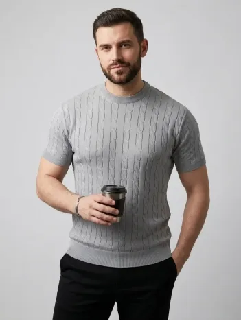 Erkek Yazlık Triko Dokuma Tişört Kısa Kol Bisiklet Yaka Örgü Desenli T-shirt - Gri Erkek Yazlık Triko Dokuma Tişört Kısa Kol Bisiklet Yaka Örgü Desenli T-shirt - Gri