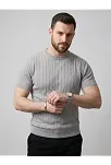 Erkek Yazlık Triko Dokuma Tişört Kısa Kol Bisiklet Yaka Örgü Desenli T-shirt - Gri