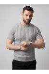 Erkek Yazlık Triko Dokuma Tişört Kısa Kol Bisiklet Yaka Örgü Desenli T-shirt - Gri