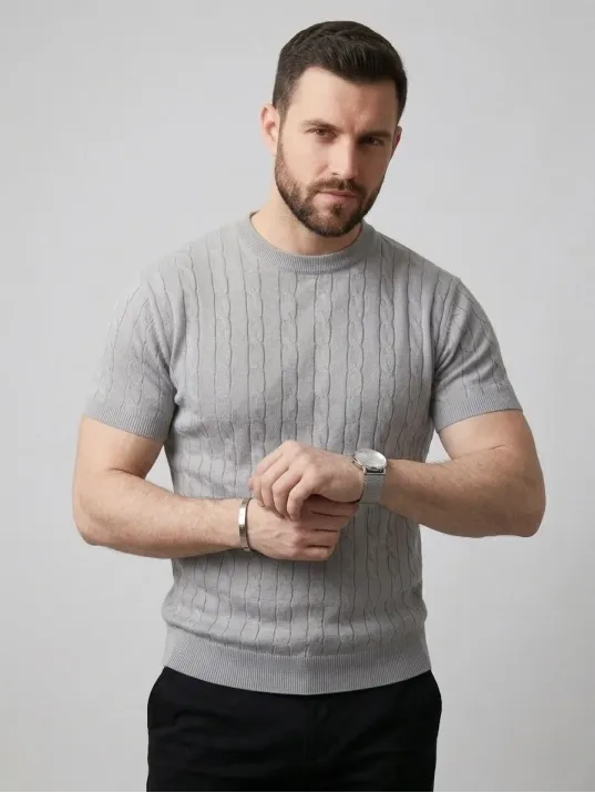 Erkek Yazlık Triko Dokuma Tişört Kısa Kol Bisiklet Yaka Örgü Desenli T-shirt - Gri