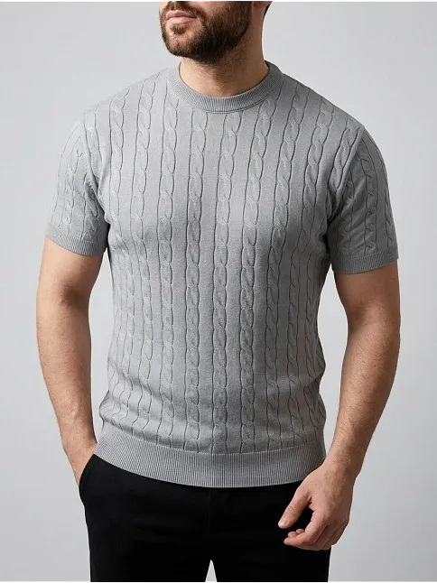 Erkek Yazlık Triko Dokuma Tişört Kısa Kol Bisiklet Yaka Örgü Desenli T-shirt - Gri