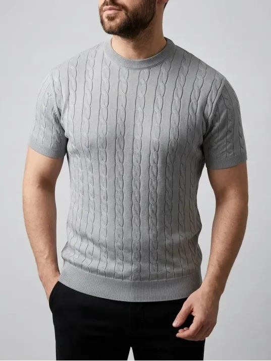 Erkek Yazlık Triko Dokuma Tişört Kısa Kol Bisiklet Yaka Örgü Desenli T-shirt - Gri