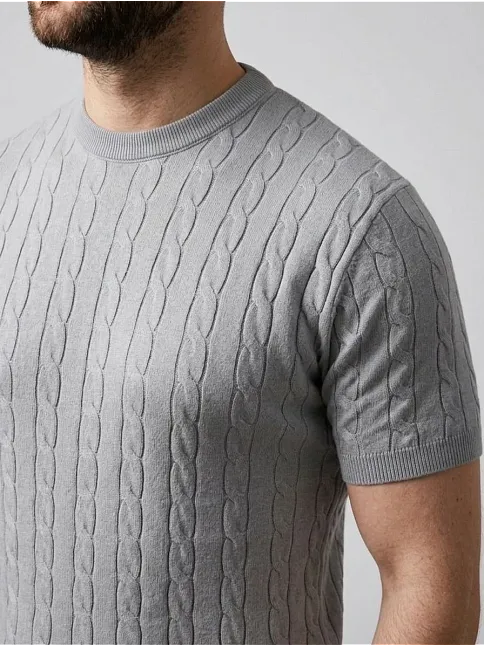 Erkek Yazlık Triko Dokuma Tişört Kısa Kol Bisiklet Yaka Örgü Desenli T-shirt - Gri