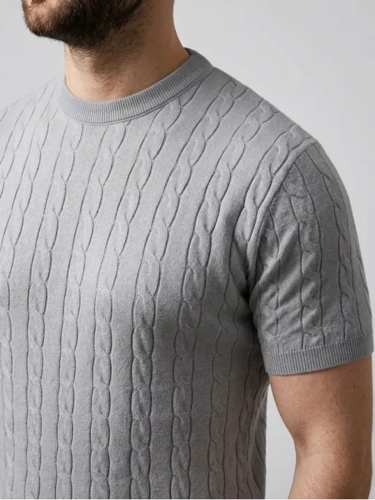 Erkek Yazlık Triko Dokuma Tişört Kısa Kol Bisiklet Yaka Örgü Desenli T-shirt - Gri