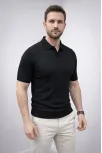 Erkek Yazlık Triko Dokuma Tişört Kısa Kol Polo Yaka T-shirt - Siyah
