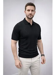 Erkek Yazlık Triko Dokuma Tişört Kısa Kol Polo Yaka T-shirt - Siyah