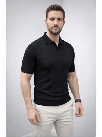 Erkek Yazlık Triko Dokuma Tişört Kısa Kol Polo Yaka T-shirt - Siyah Erkek Yazlık Triko Dokuma Tişört Kısa Kol Polo Yaka T-shirt - Siyah