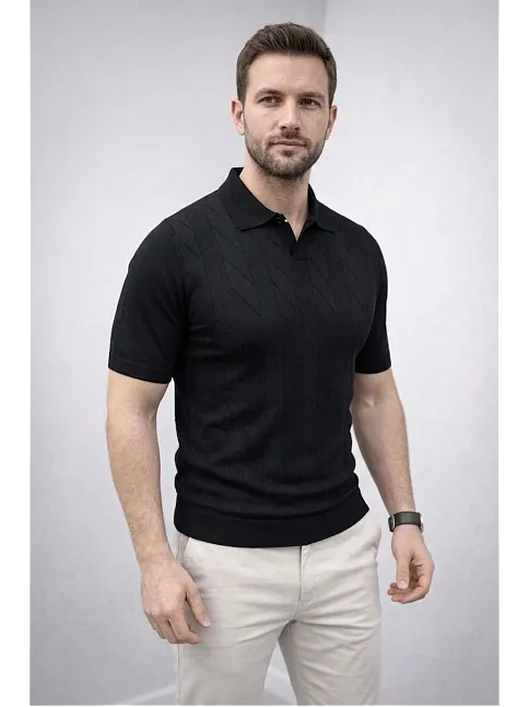 Erkek Yazlık Triko Dokuma Tişört Kısa Kol Polo Yaka T-shirt - Siyah